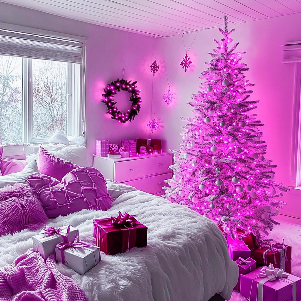 JMEXSUSS Connectable 100 LED Room Lights, 33ft 8 Modes Pink Christmas Lights Clear Wire, Plug in