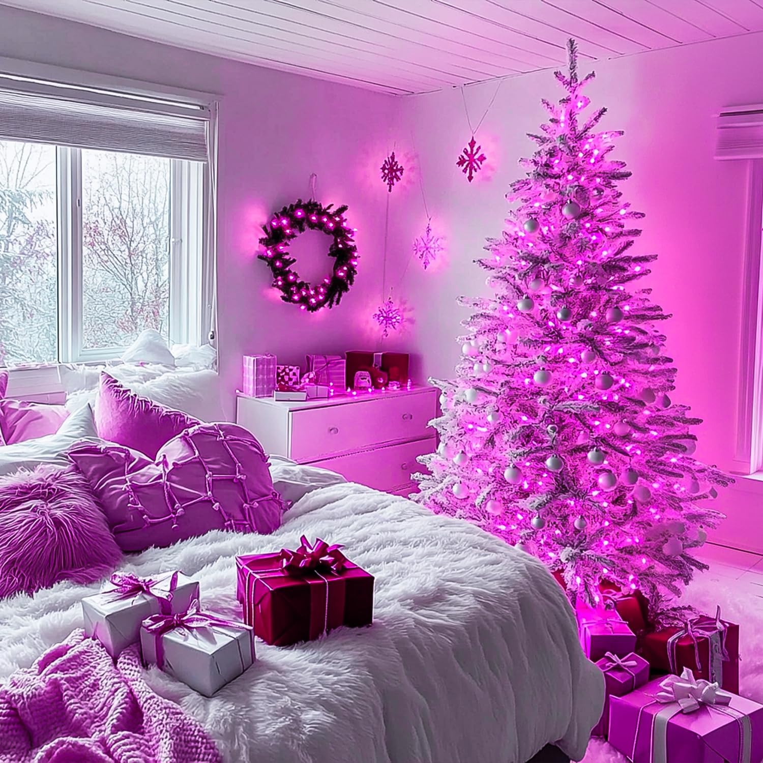 JMEXSUSS Connectable 100 LED Room Lights, 33ft 8 Modes Pink Christmas Lights Clear Wire, Plug in
