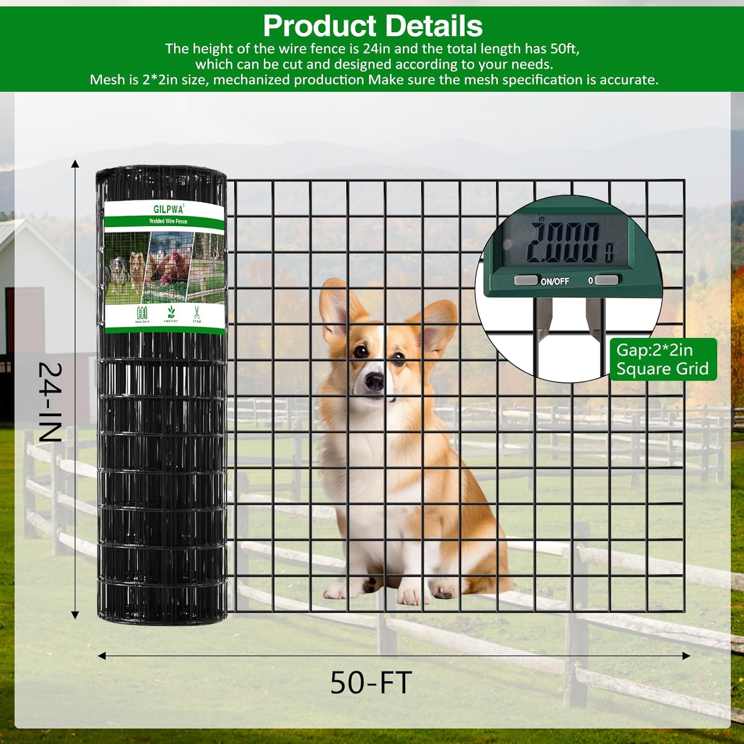 Wire Fence, 24 in(H) X 50 ft(L) PVC Coated Welded Wire Fencing 2" X 2" 16GA Garden Border Vinyl