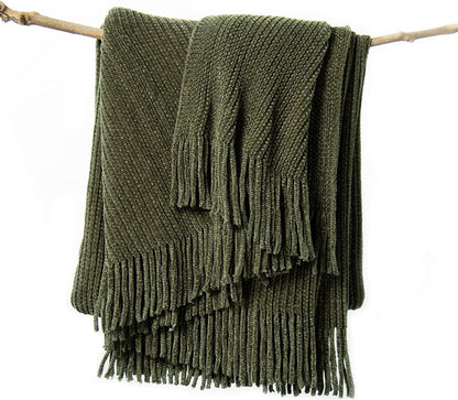 lifein Throw Blanket for Couch, Soft Green Boho Decor Bed Throw,Cozy Knitted Chenille Farmhouse