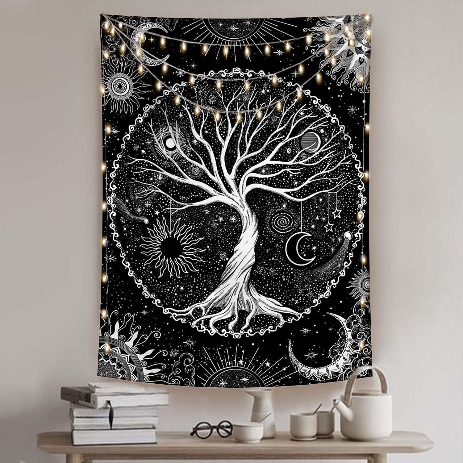 Lunerfex Tree of Life Tapestry Black and White Tapestry Mystical Sun and Moon Tapestries for