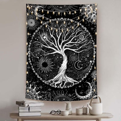 Lunerfex Tree of Life Tapestry Black and White Tapestry Mystical Sun and Moon Tapestries for