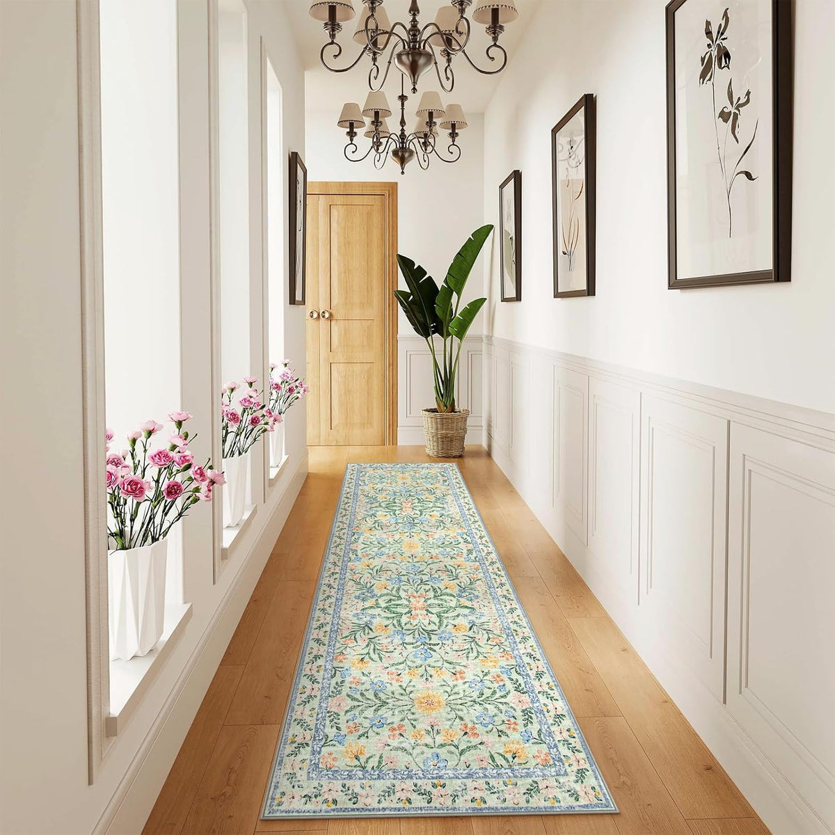 Wonnitar Washable Runners for Hallways, 2'6''x8' Floral Green Runner Rug for Kitchen Bathroom, Boho