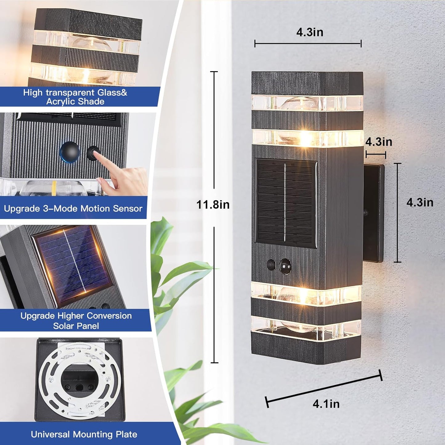 2 Pack Solar Outdoor Wall Lights with 3-Mode Motion Sensor Outside Sconces Up Down Solar Porch
