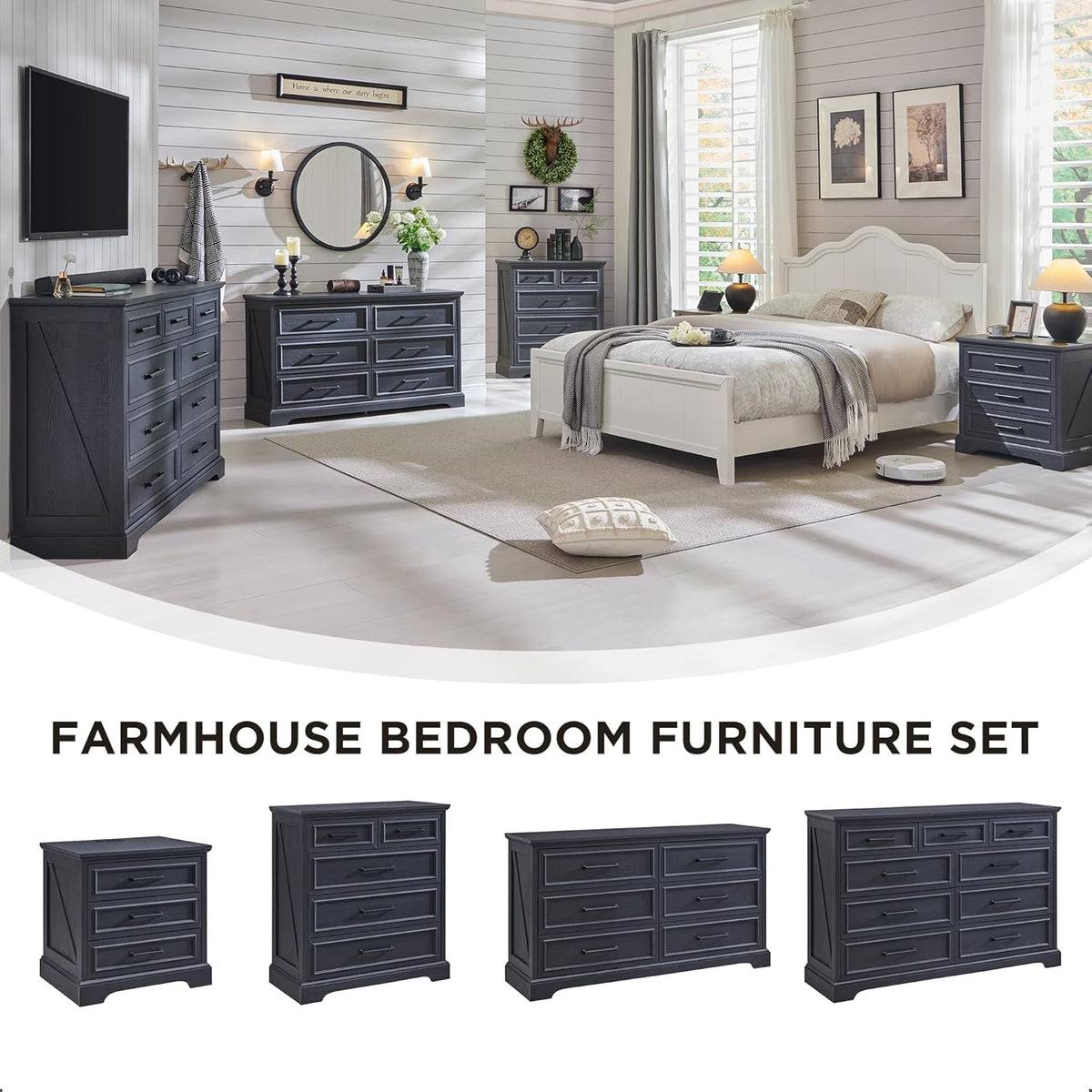 Farmhouse 6 Drawer Dresser for Bedroom, 52 Inch Wide Modern Dresser TV Stand with Large Drawers &