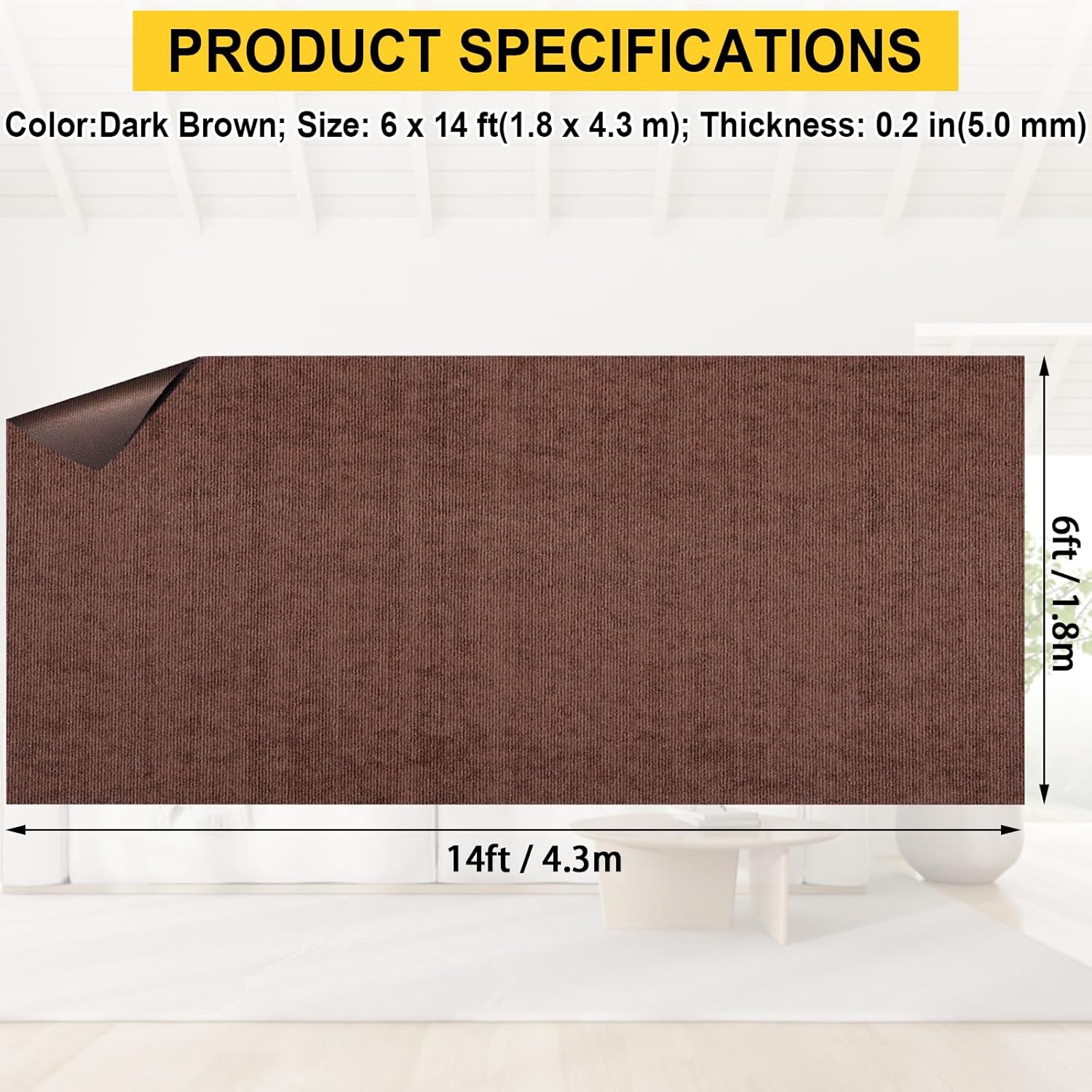 Marine Carpet, 6 FT x 14 FT Brown Indoor/Outdoor Area Rug, 0.2" Thick, Water-Resistant, Non-Slip