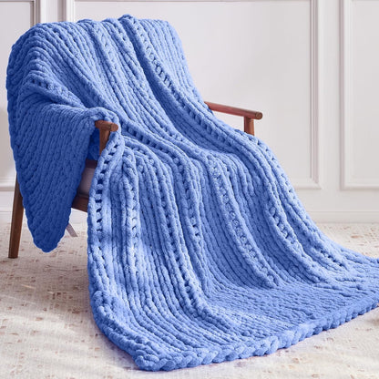 Chunky Knit Throw Blanket, 60''*80'' Knitted Throw Chenille Yarn for Bed Couch, Handmade Light Blue