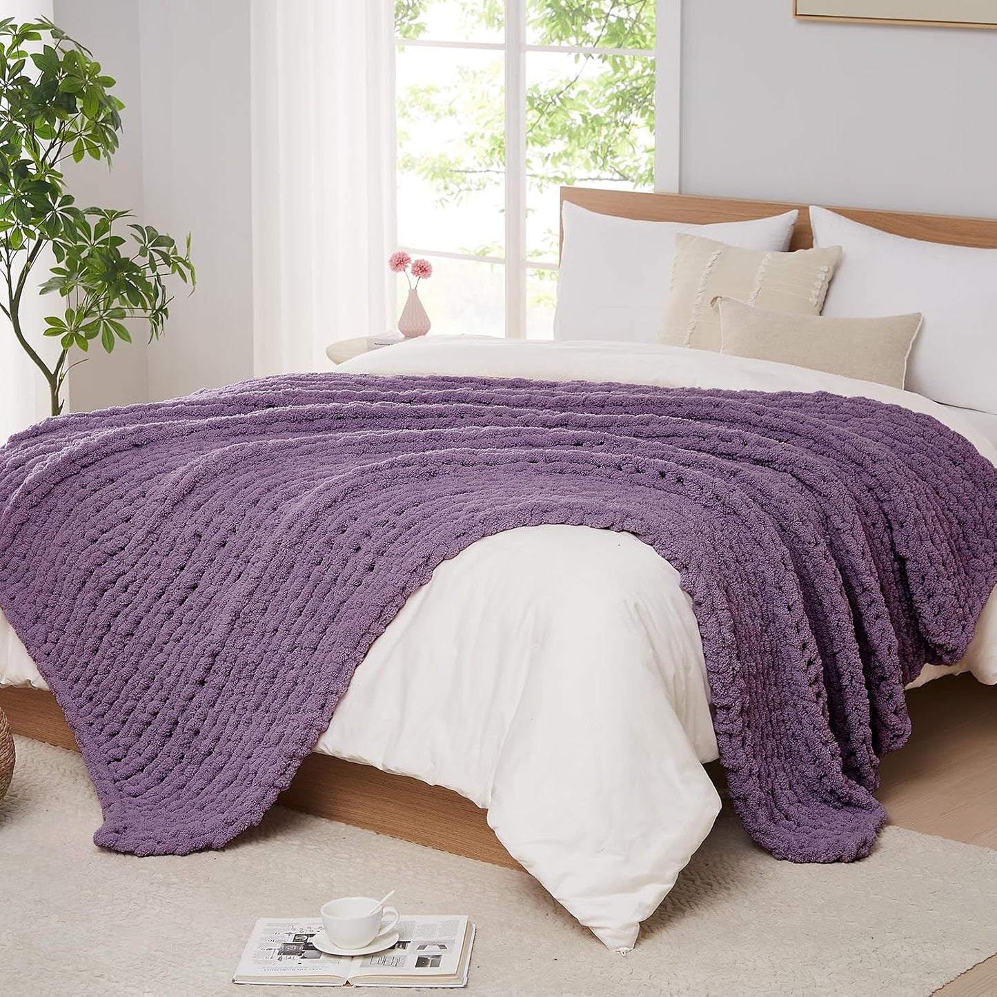 L'AGRATY Chunky Knit Blanket Throw: 60''x80'' Chenille Chunky Knitted Throw Blanket for Bed Couch