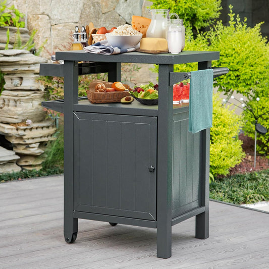 Domi Grill Carts Outdoor with Storage and Wheels, Whole Metal Portable Table and Storage Cabinet