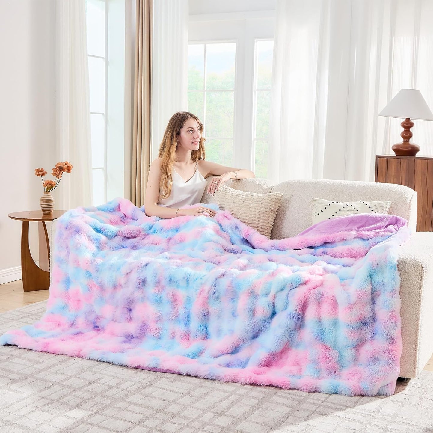 Lotus Karen Faux Fur Throw Blanket Tie-Dye Purple Rainbow - Big Bubble Rabbit Fluff Blanket for