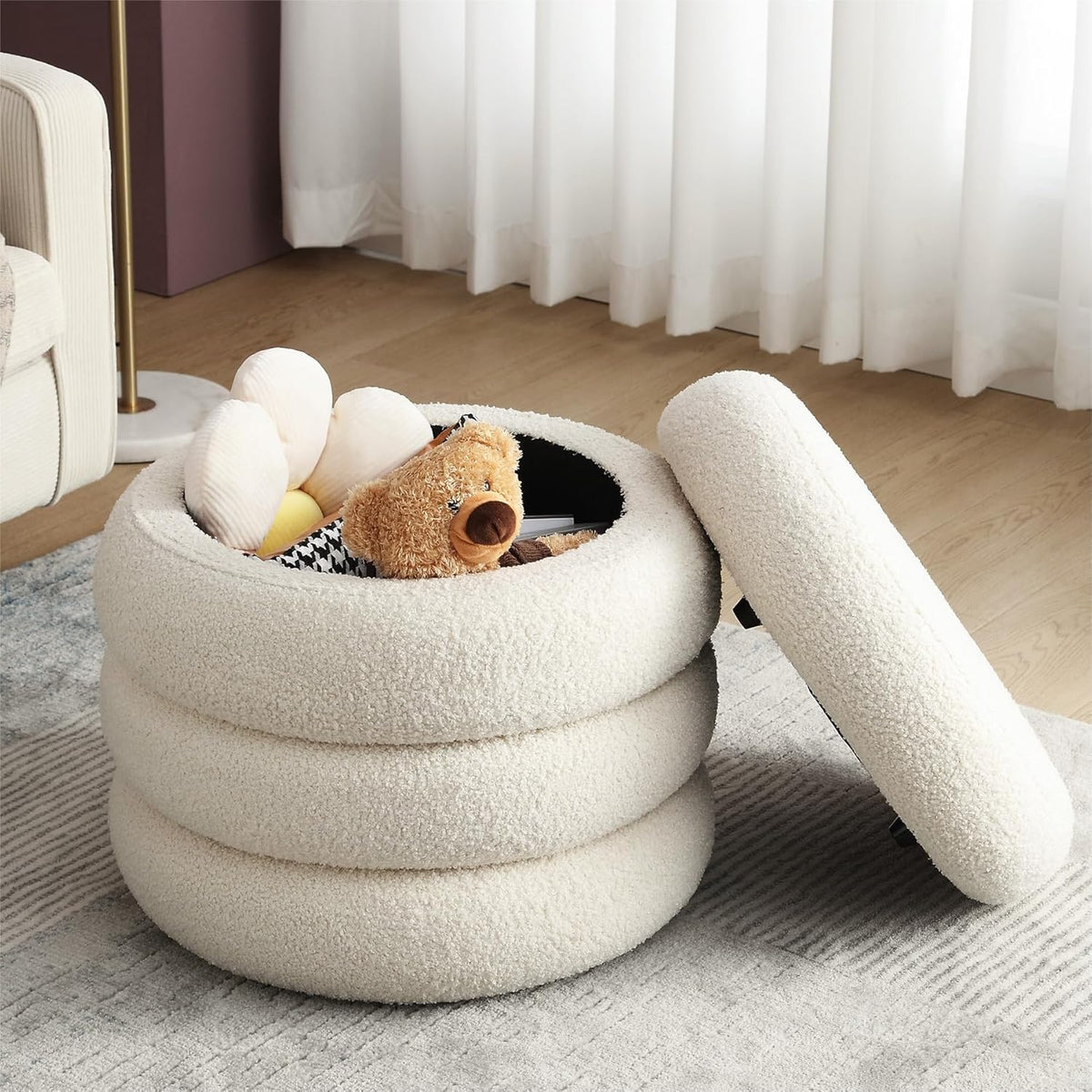 ONEVOG 20" Round Storage Ottoman with Removable Lid, Off-White Boucle Fabric Footrest Pouf, Sherpa