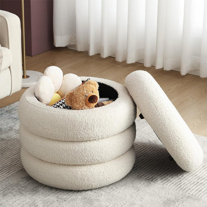 ONEVOG 20" Round Storage Ottoman with Removable Lid, Off-White Boucle Fabric Footrest Pouf, Sherpa