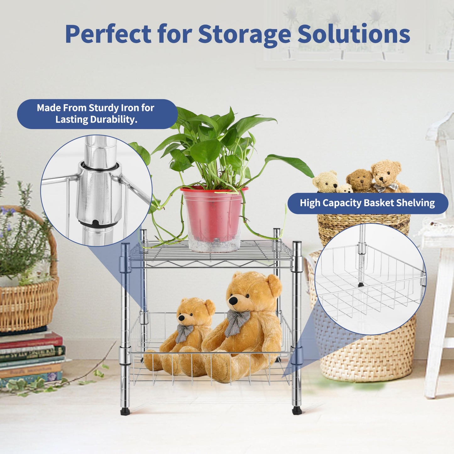 YSSOA 2-Tier Shelving Unit, 15" W x 13.8" D x 15" H Wire Metal Stackable Storage with Basket