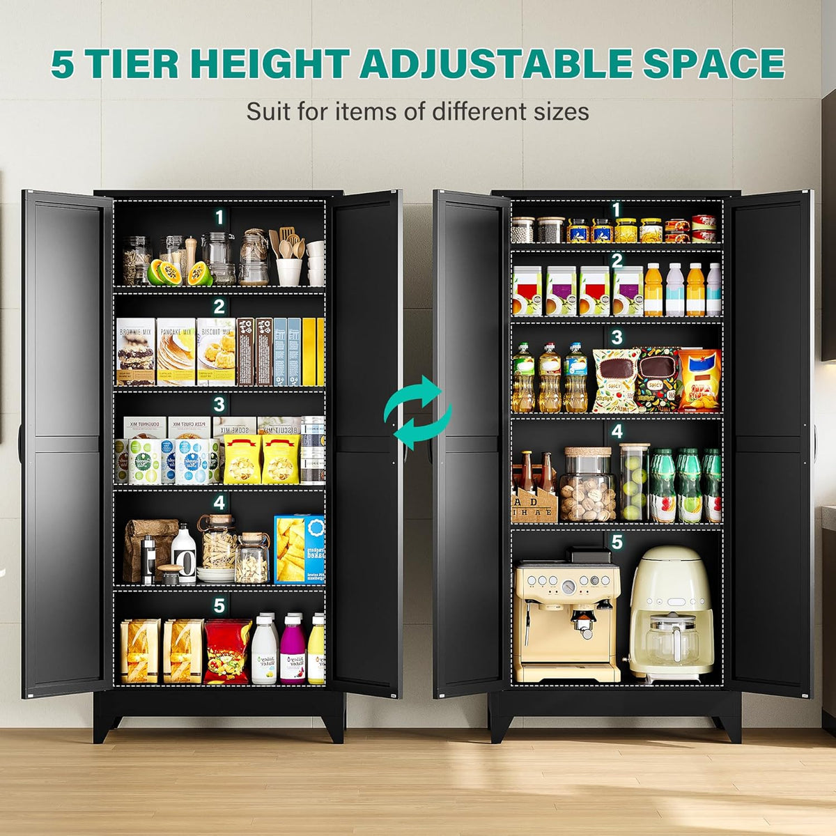 75" Tall Pantry Cabinet,Farmhouse Kitchen Pantry Storage Cabinets with 2 Doors and 5 Shelves,Black