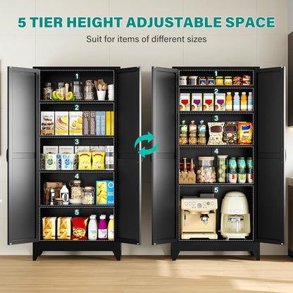 75" Tall Pantry Cabinet,Farmhouse Kitchen Pantry Storage Cabinets with 2 Doors and 5 Shelves,Black