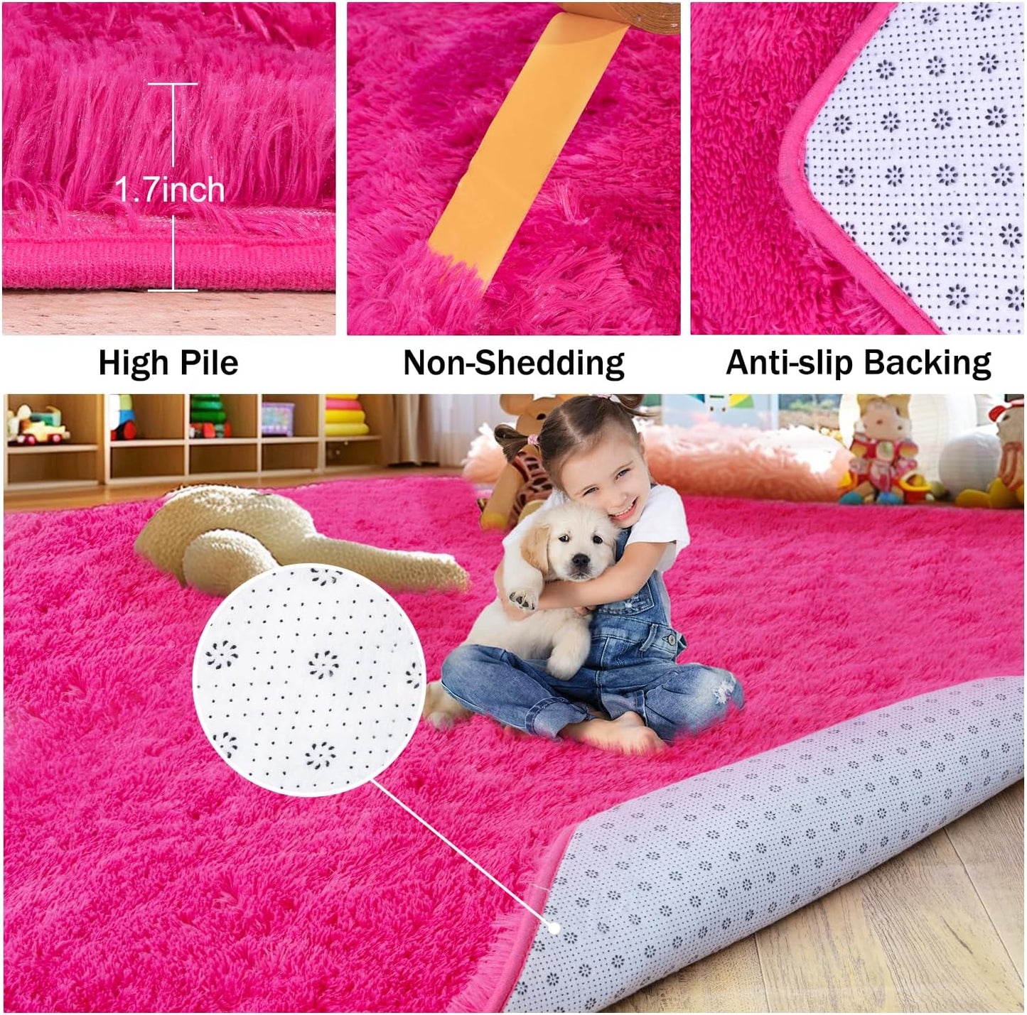 Rezutan Ultra Soft Fluffy Hot Pink Rugs for Bedroom, 4x6 Feet Fluffy Shag Area Rugs for Living Room