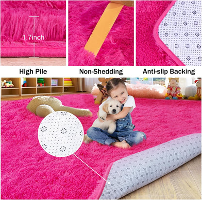 Rezutan Ultra Soft Fluffy Hot Pink Rugs for Bedroom, 4x6 Feet Fluffy Shag Area Rugs for Living Room