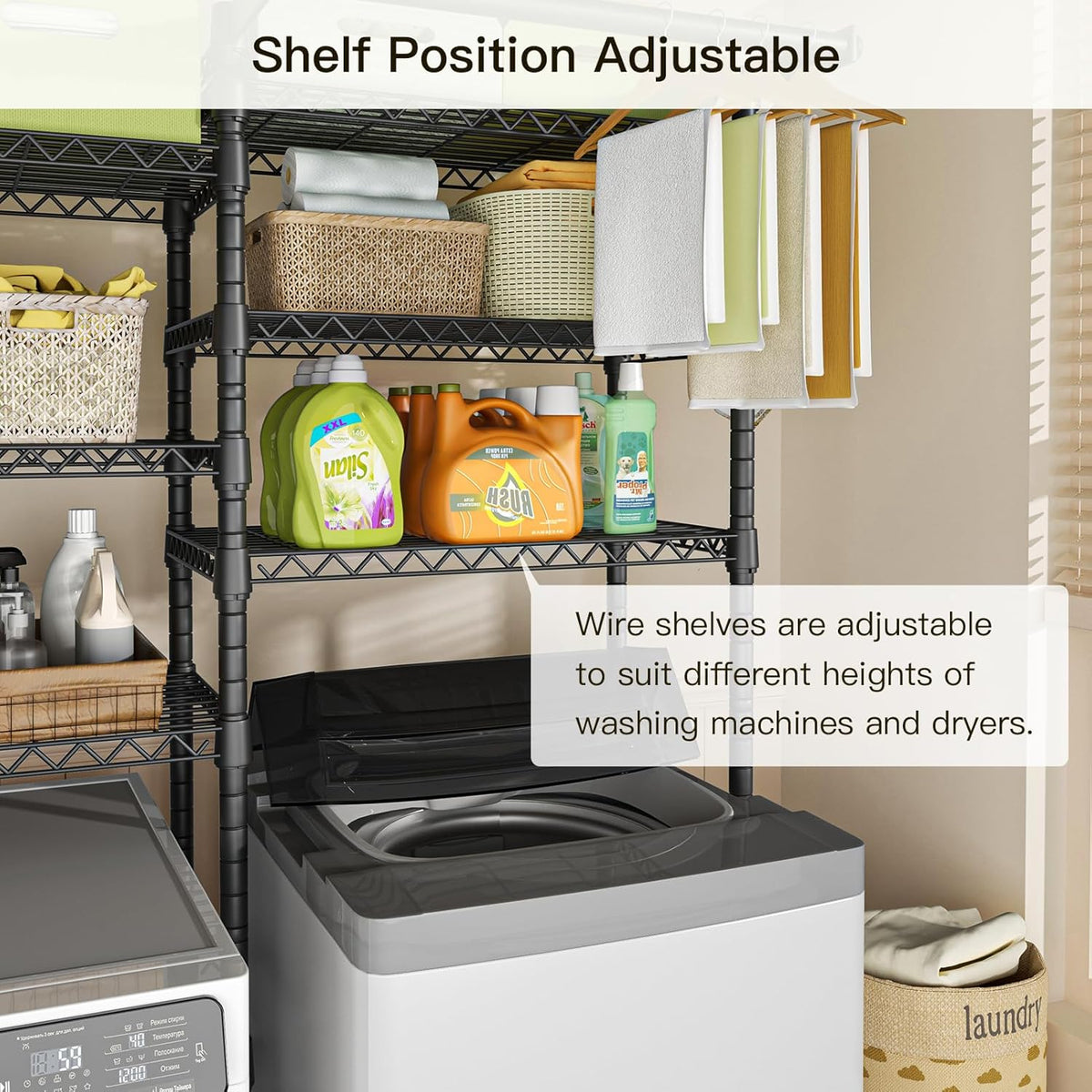 Ulif U13 Over Washer and Dryer Storage Shelves, 6 Tiers Laundry Room Standing Shelf with 2 Hanger