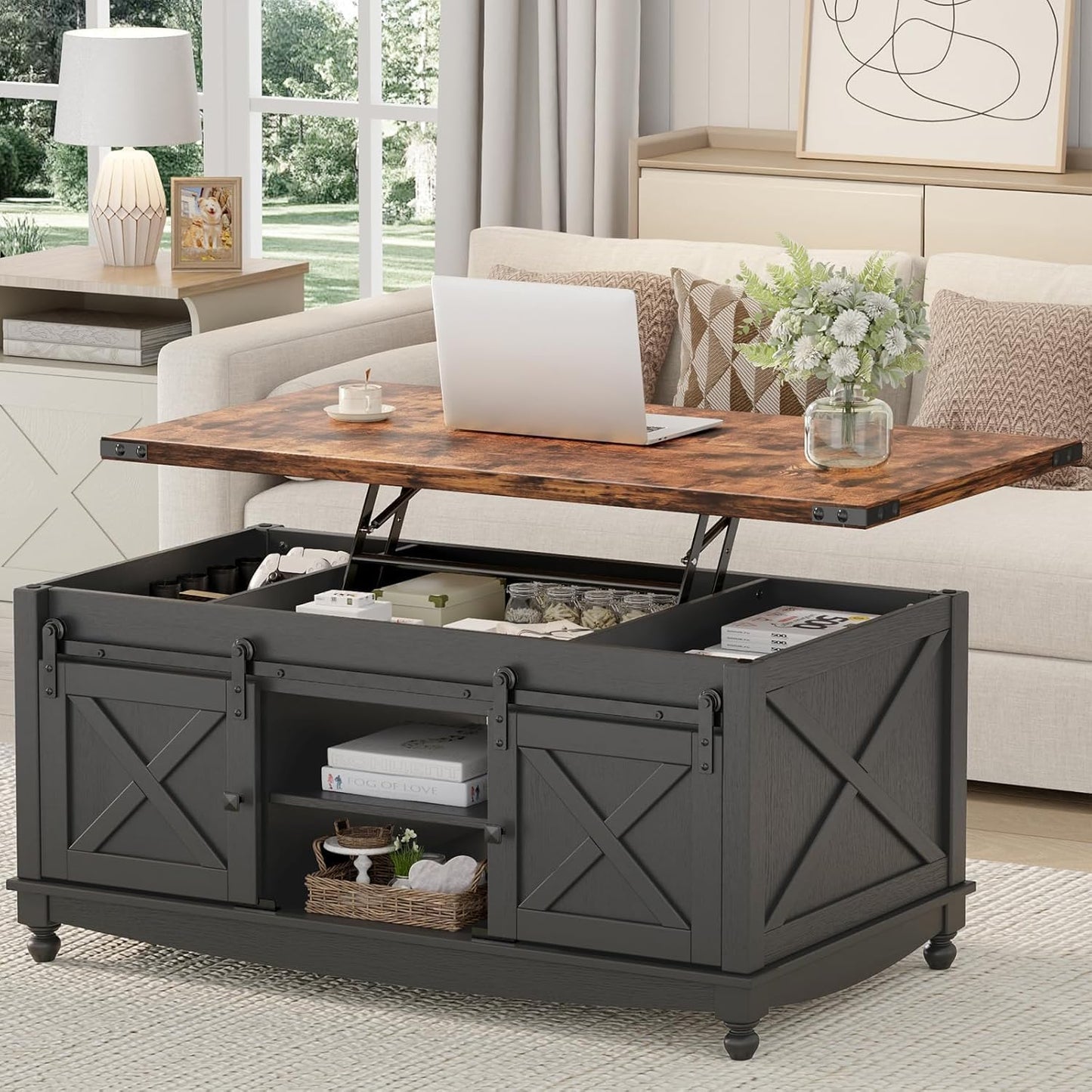 48" Farmhouse Lift Top Coffee Table with Storage Sliding Barn Door & Large Hidden Compartment