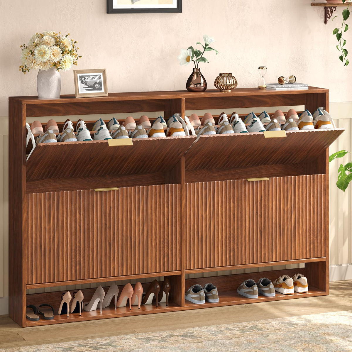 Hootata 47.2''W Walnut Shoe Storage Cabinet for Entryway with 4 Flip Drawers, Fluted Slim Shoe