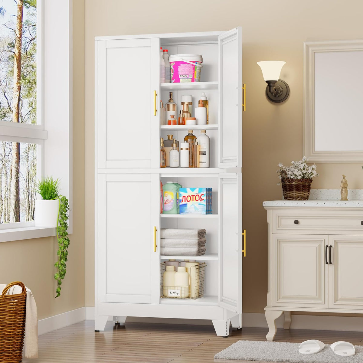 75.2" Tall Metal Pantry Cabinet, Kitchen Pantry Storage Cabinets with 4 Door and 4 Adjustable