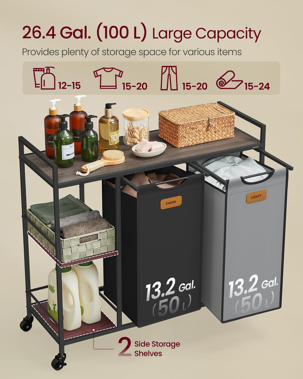 VASAGLE Laundry Hamper with 2 Compartments, 26.4 Gal. (100 L) Laundry Sorter, Rolling Laundry Cart