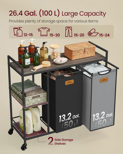 VASAGLE Laundry Hamper with 2 Compartments, 26.4 Gal. (100 L) Laundry Sorter, Rolling Laundry Cart
