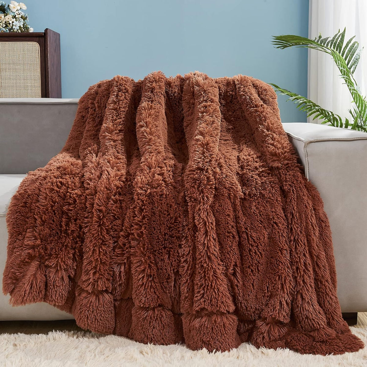 GONAAP Fuzzy Faux Fur Throw Blanket Coffee Super Soft Cozy Plush Fuzzy Shaggy Blanket for Couch