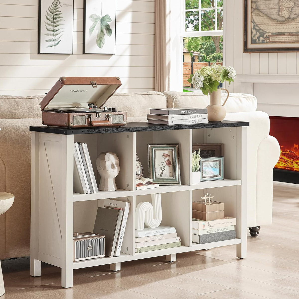 Farmhouse 6 Cube Bookshelf, Antique White & Black Wooden Storage Organizer Book Shelf, 47" Cubby
