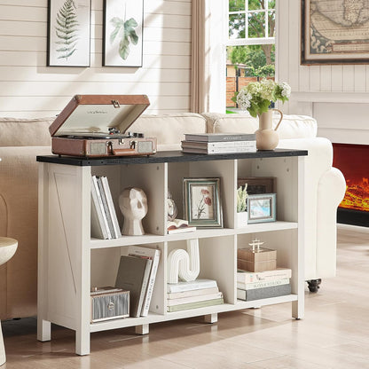 Farmhouse 6 Cube Bookshelf, Antique White & Black Wooden Storage Organizer Book Shelf, 47" Cubby
