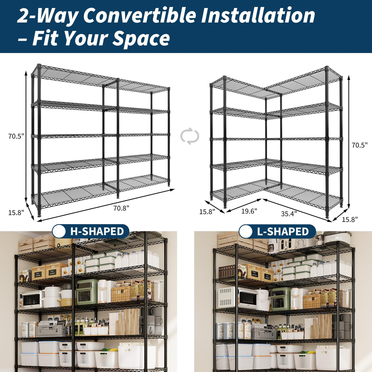 71"W Metal Storage Shelves 5-Tier, Heavy Duty 1325LBS Wire Rack Shelving Unit, Adjustable Black