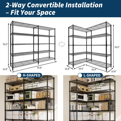 71"W Metal Storage Shelves 5-Tier, Heavy Duty 1325LBS Wire Rack Shelving Unit, Adjustable Black