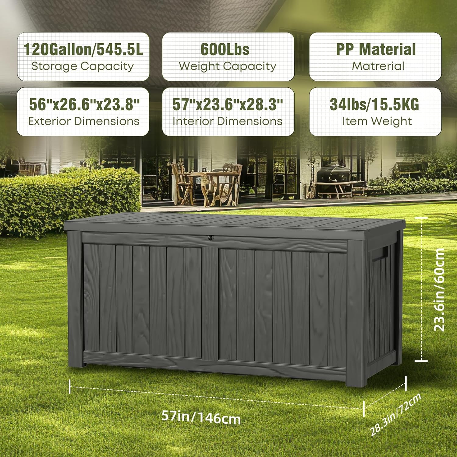 DRATO 120 Gallon Large Deck Box, Outdoor Storage Box for Patio Furniture, Patio Cushions, Gardening
