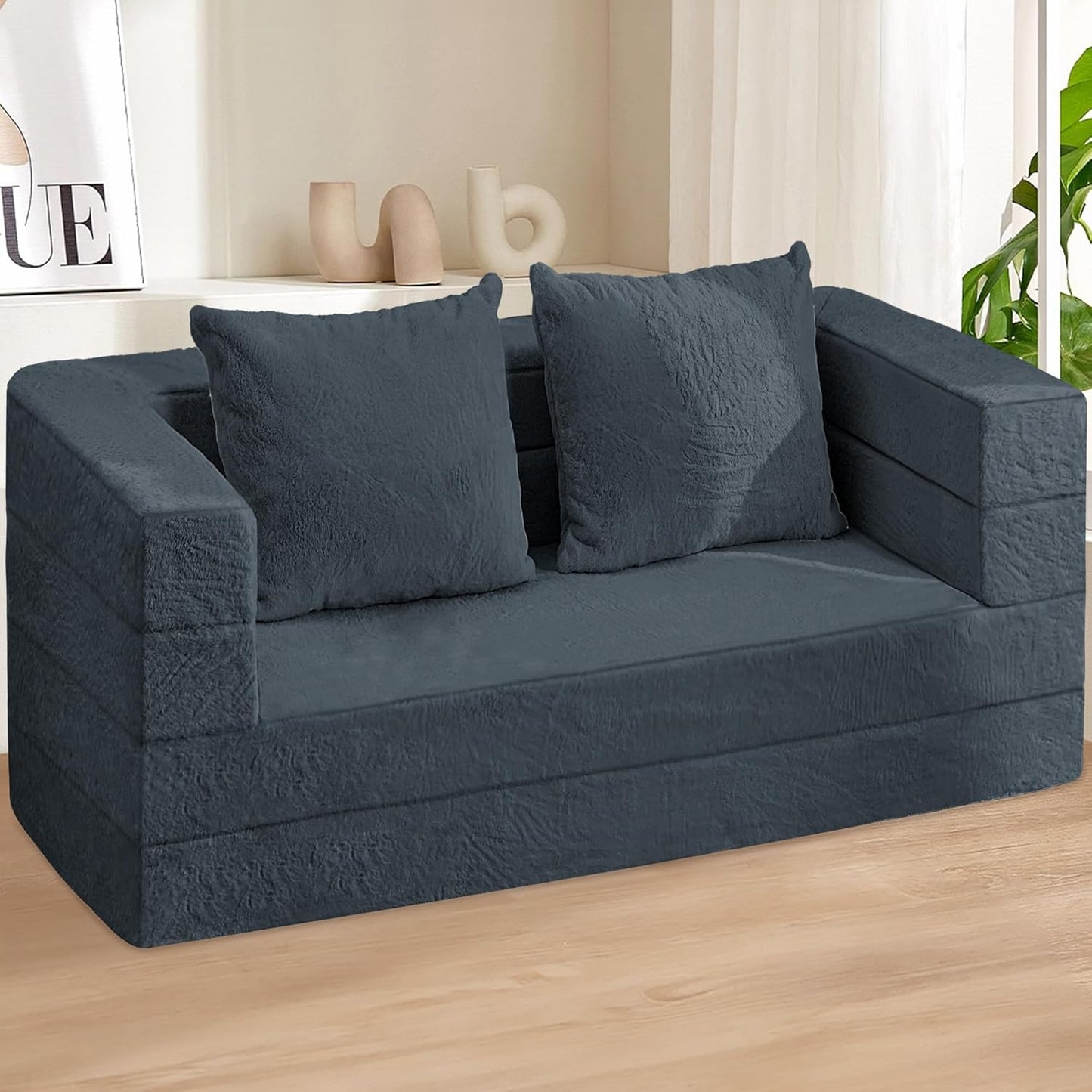 Folding Bean Bag Chair for Adults,3-in-1 Bean Bag Couch Faux Fur Floor Sofa Large Beanbag