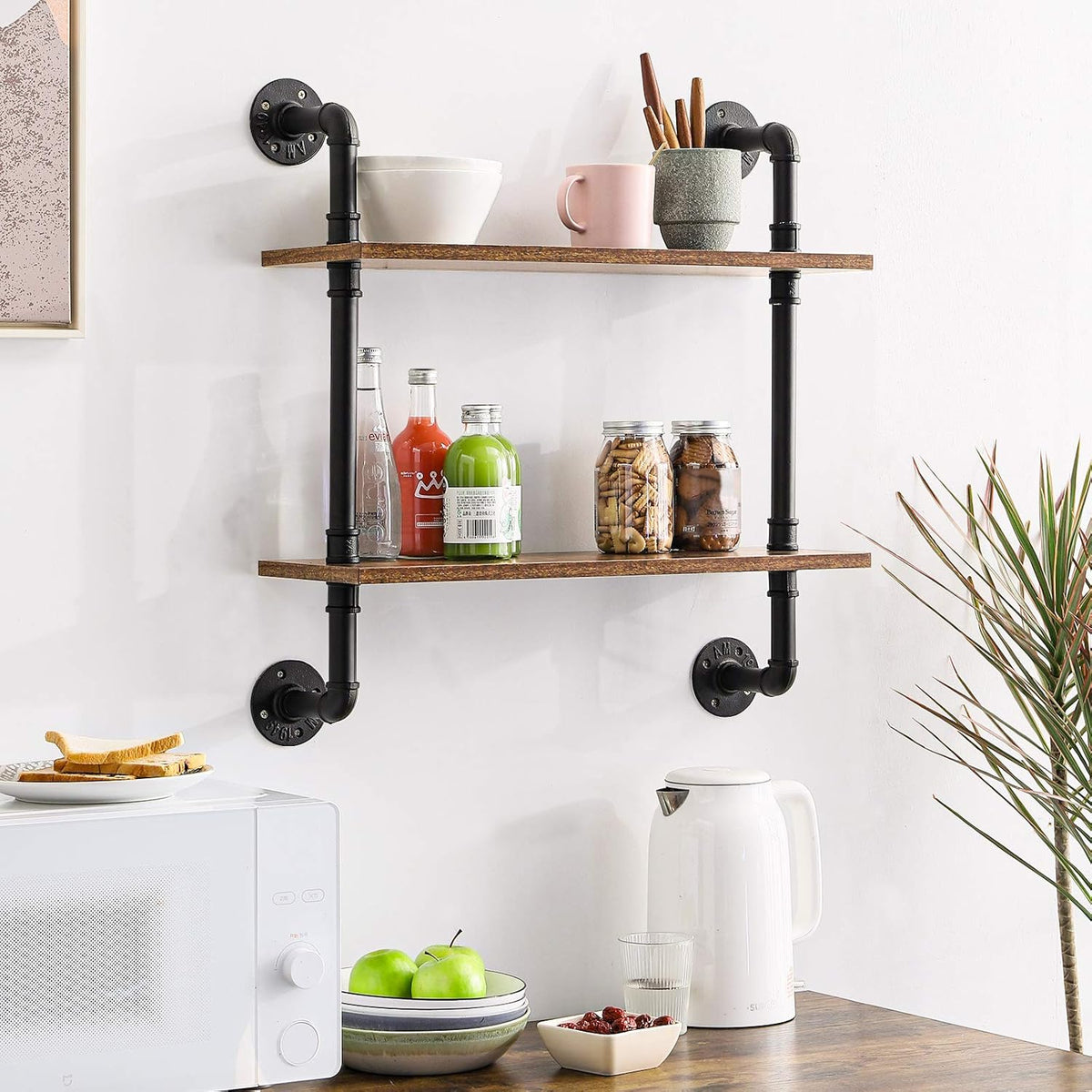 IBUYKE 26" Pipe Floating Shelves,2-Tiers Industrial Pipe Shelves, Rustic Wall Mount Bookshelf,Metal