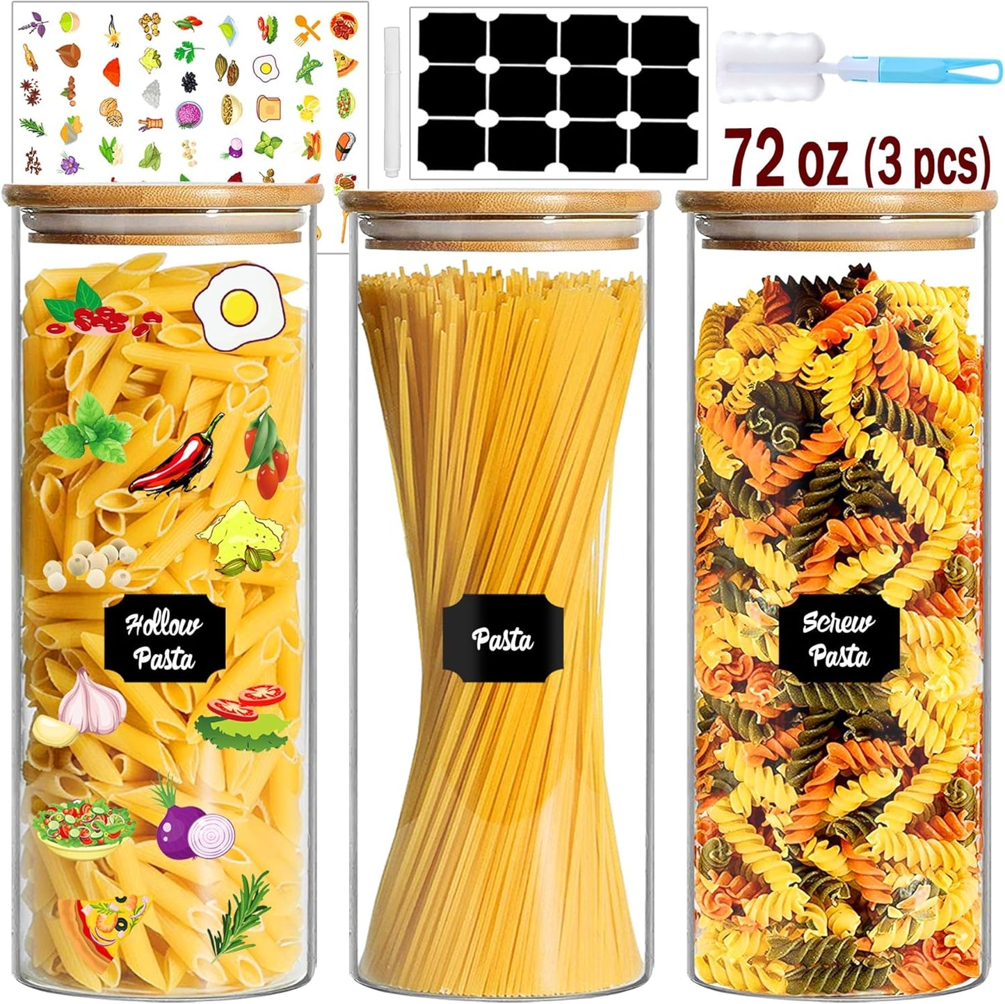 Glass Jars with Bamboo Lids, 72oz 3Pcs Kitchen Glass Containers with Bamboo Lids, Airtight Glass