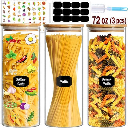 Glass Jars with Bamboo Lids, 72oz 3Pcs Kitchen Glass Containers with Bamboo Lids, Airtight Glass