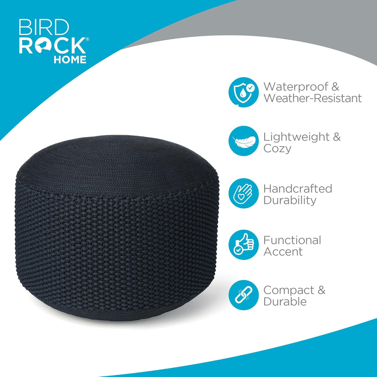 BIRDROCK HOME Outdoor Pouf Ottoman | Hand Woven Waterproof Foot Stool with Bead Bag Filling | Boho
