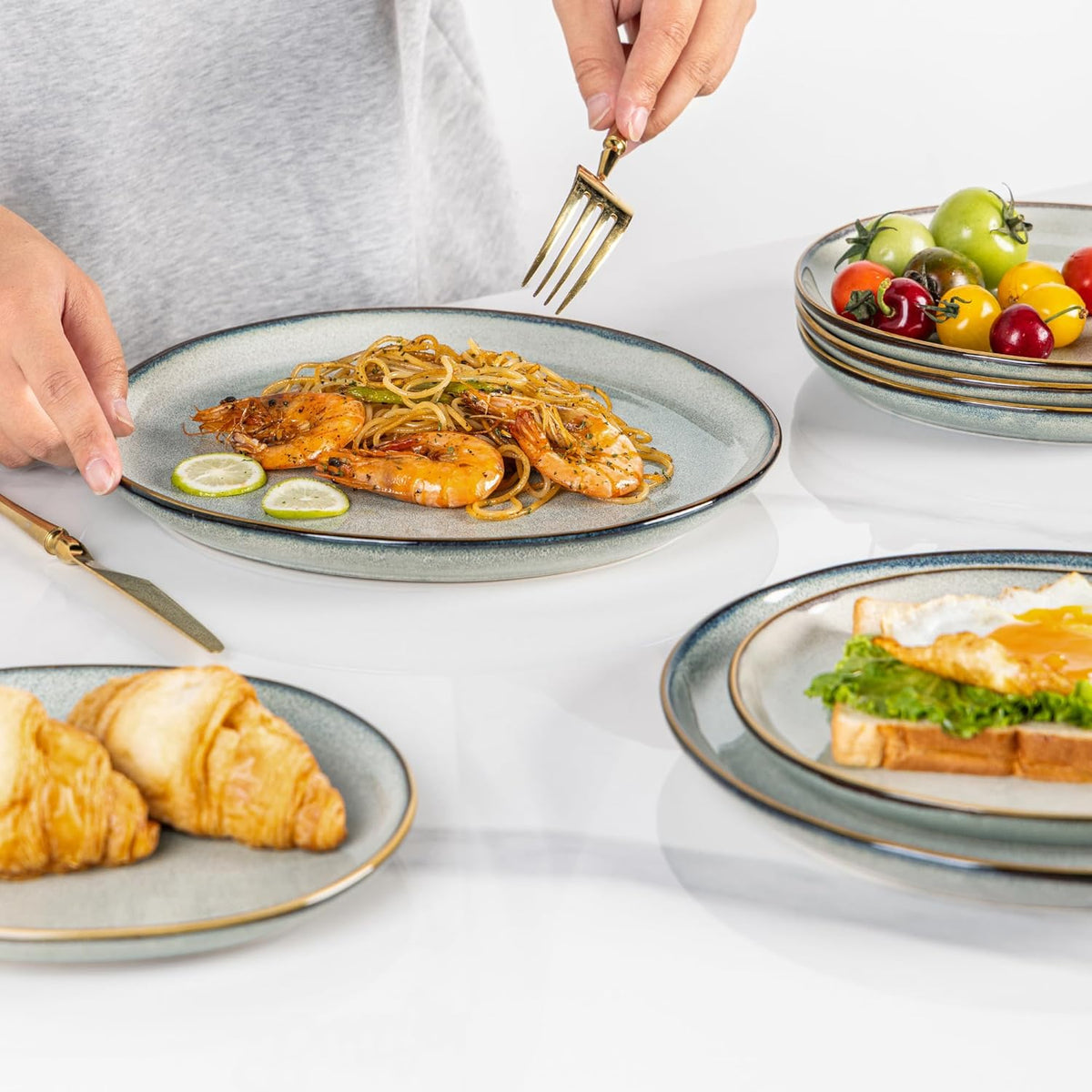 AmorArc Ceramic Dinnerware Sets,Handmade Reactive Glaze Stoneware Plates and Bowls Sets,Highly Chip