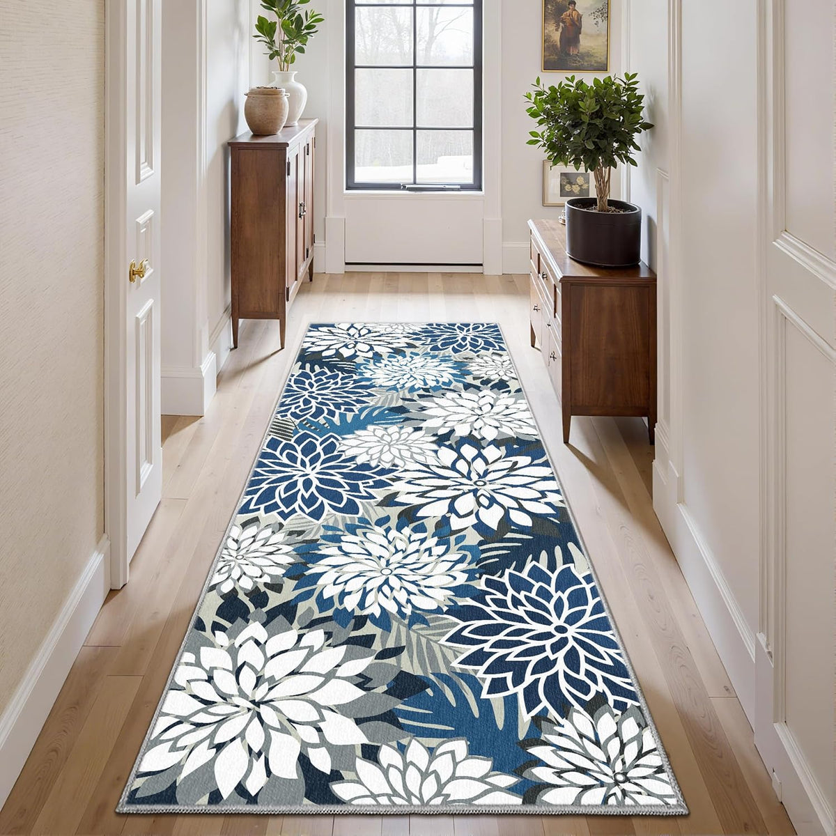 Area Rug 2x6 Blue White Washable Entry Rug Multicolored Tropical Botanical Modern Floral Indoor