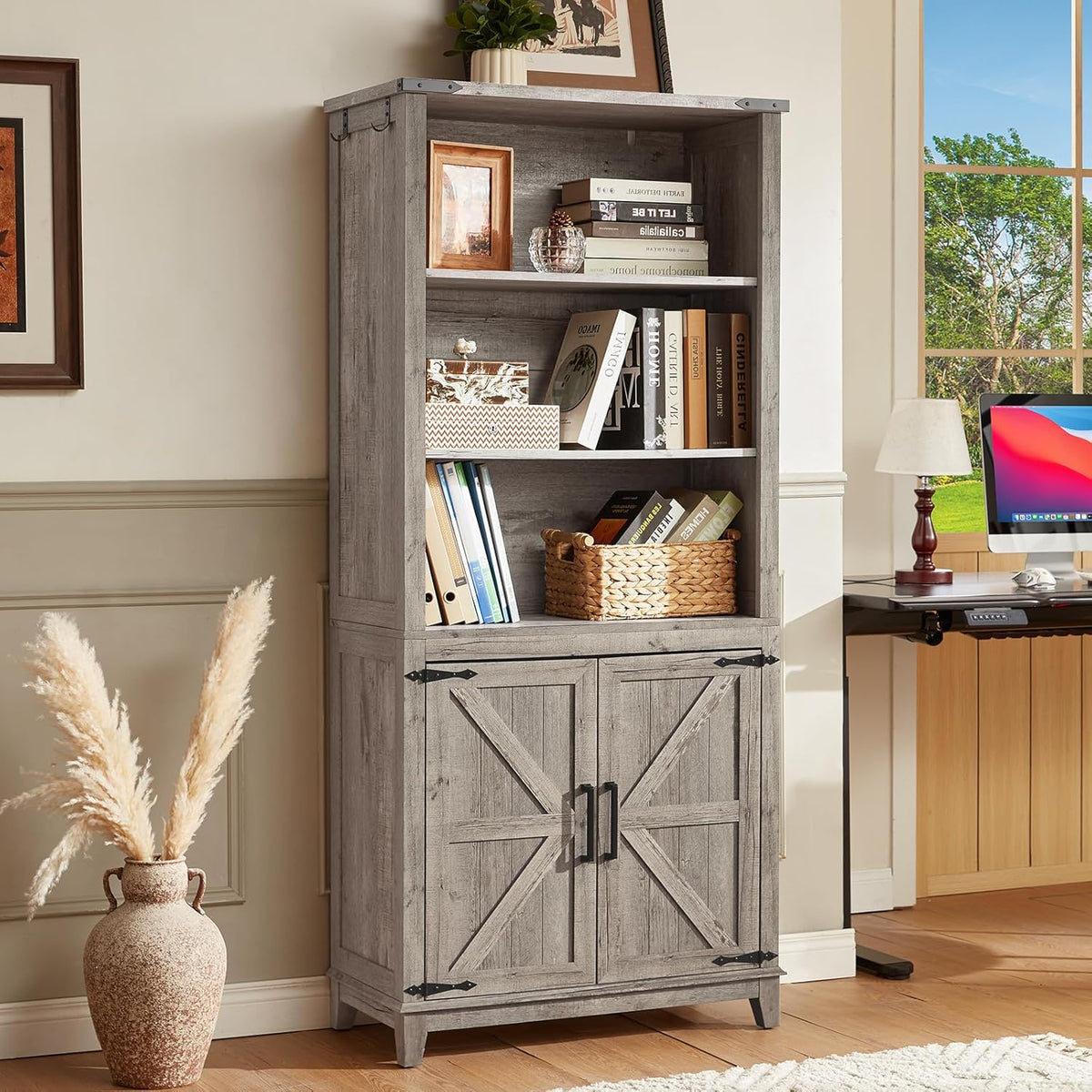 70in Tall Bookshelf 5 Tier Bookcase with Barn Doors and Adjustable Shelves, Grey Farmhouse Book