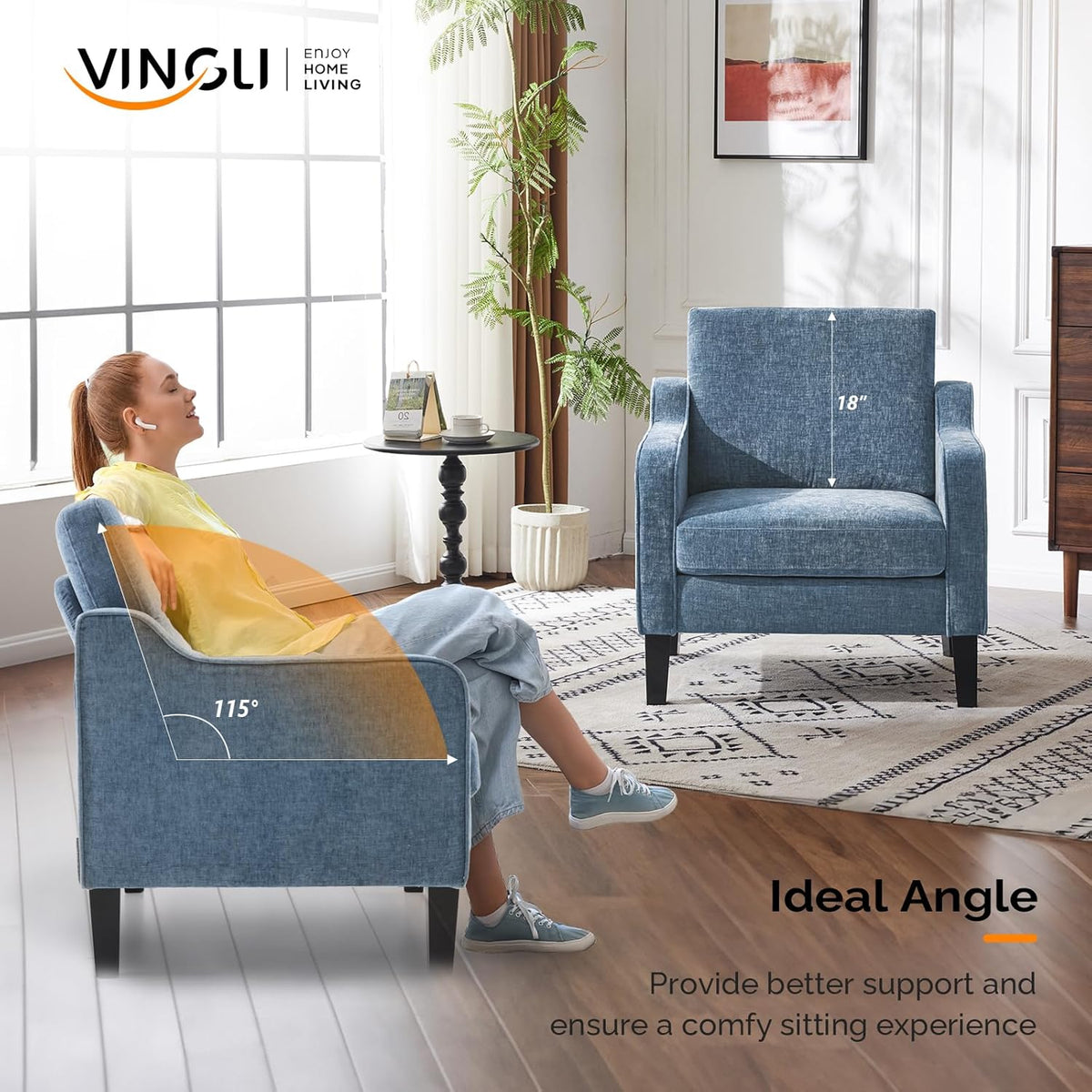 VINGLI Mid Century Modern Accent Chair,Navy Blue Chenille Chairs for Living Room Upholstered