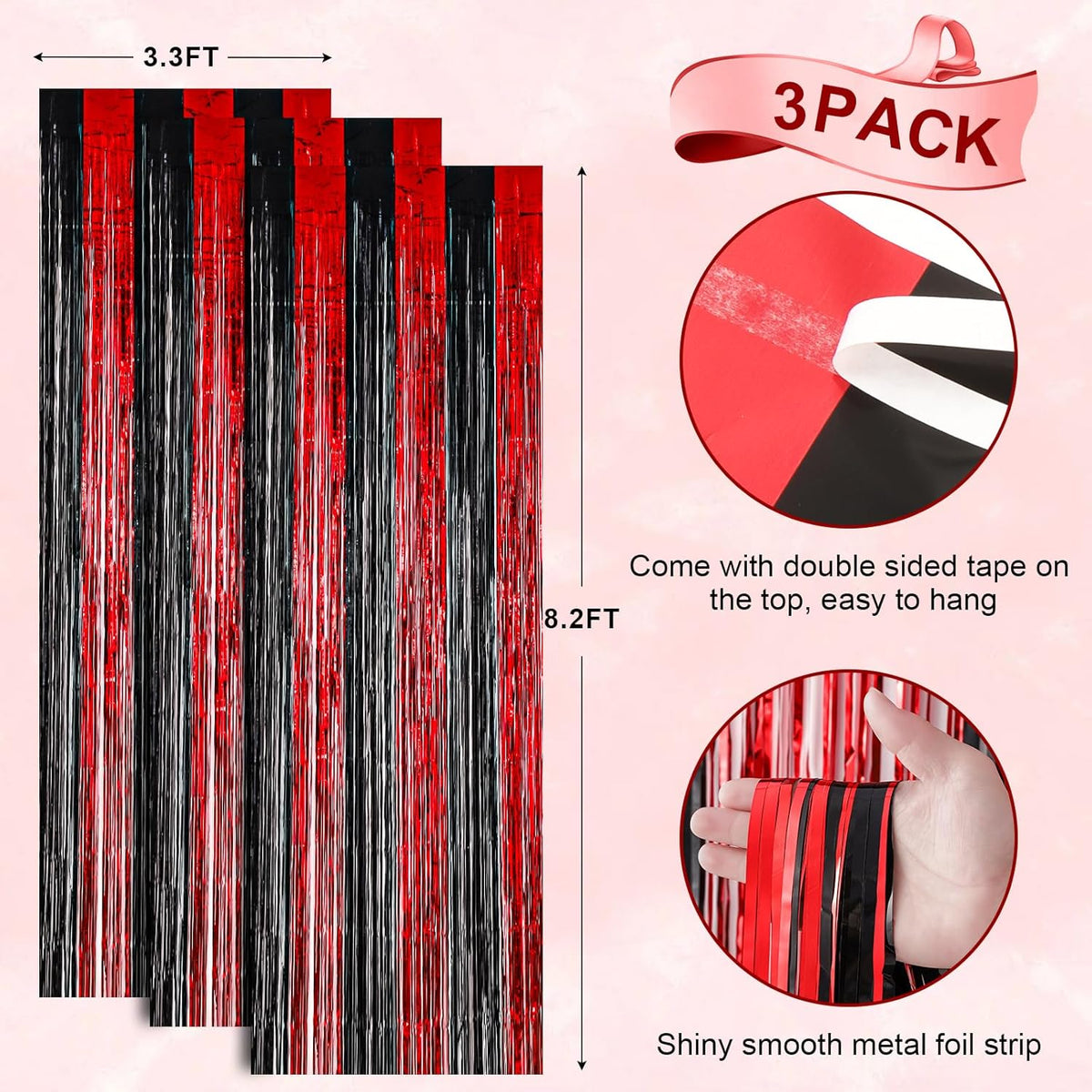 3 Pack 3.3x8.2 Feet Red and Black Foil Fringe Backdrop Curtains, Tinsel Streamers Birthday Party