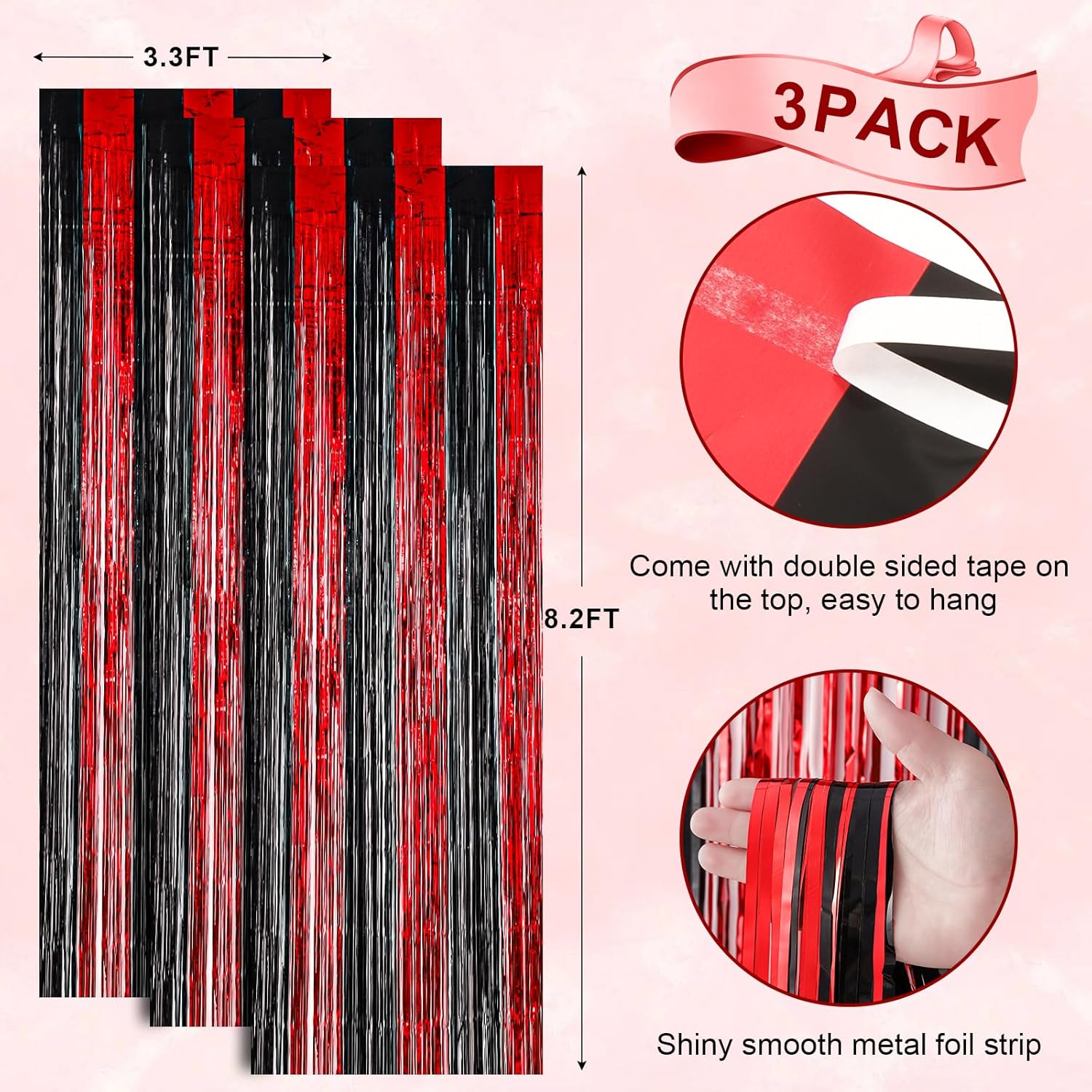 3 Pack 3.3x8.2 Feet Red and Black Foil Fringe Backdrop Curtains, Tinsel Streamers Birthday Party
