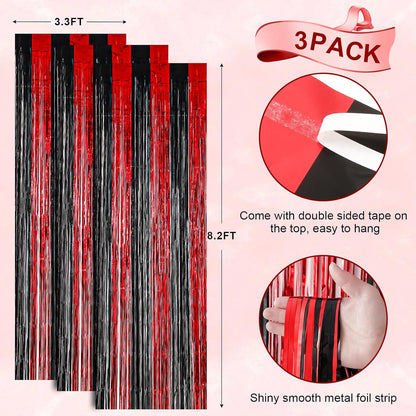 3 Pack 3.3x8.2 Feet Red and Black Foil Fringe Backdrop Curtains, Tinsel Streamers Birthday Party