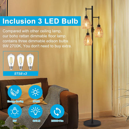 Boho Rattan Floor Lamp-Standing Lamps for Living Room 70'' Dimmable Floor Lamp with Cage Shade