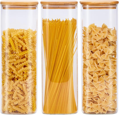 Square Glass Food Storage Jars with Lids[Set of 3], Perfect for Pasta, Cookies, Nuts, Coffee