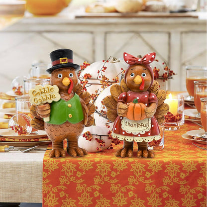 Thanksgiving Turkey Decor - 2Packs Resin Turkey Couple Standing Figurines Thanksgiving Decorations