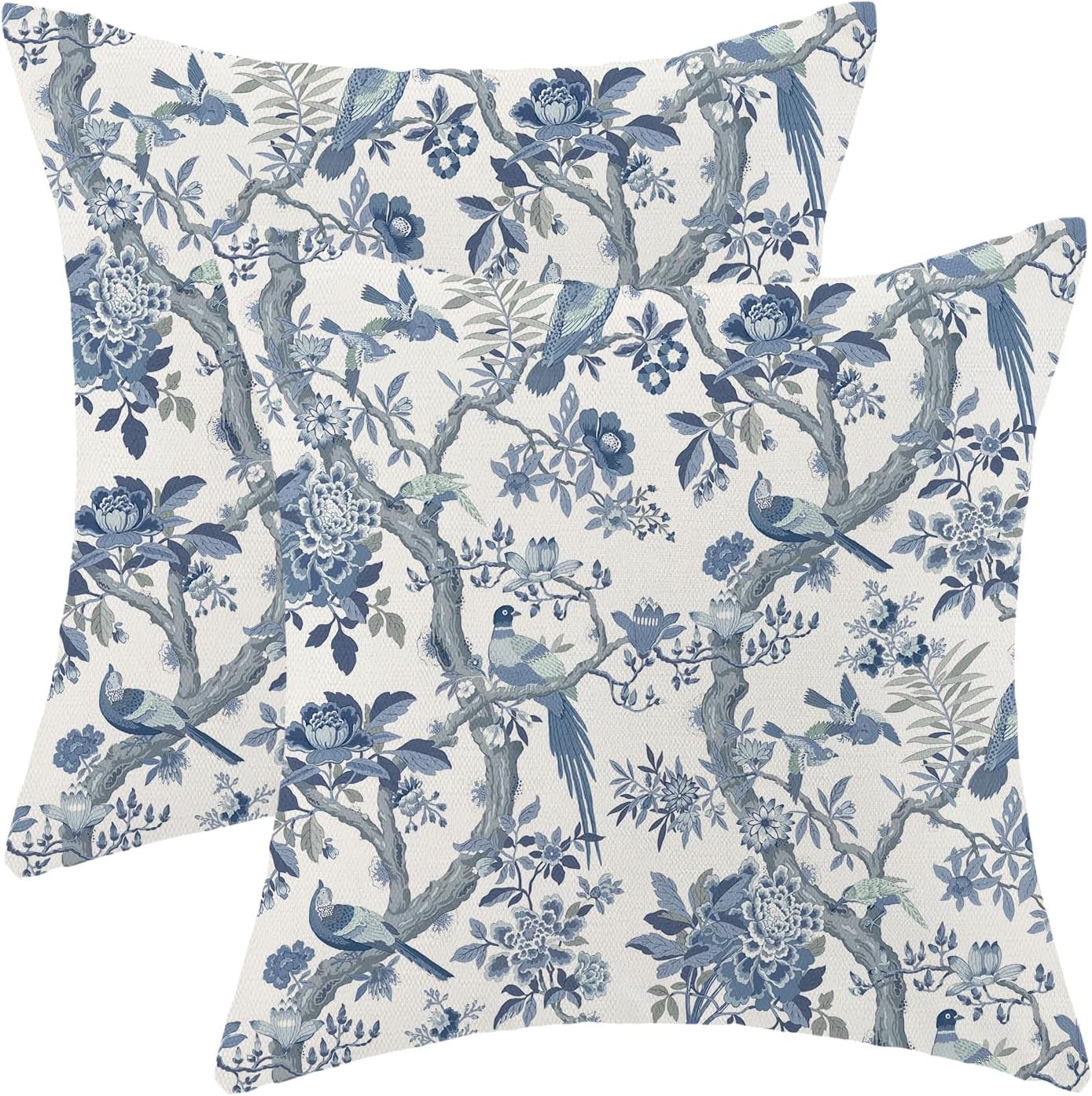CXMEIFLY Spring Pillow Covers 18 x 18 Inch Set of 2 for Navy Blue Chinoiserie Flowers Bird Decor