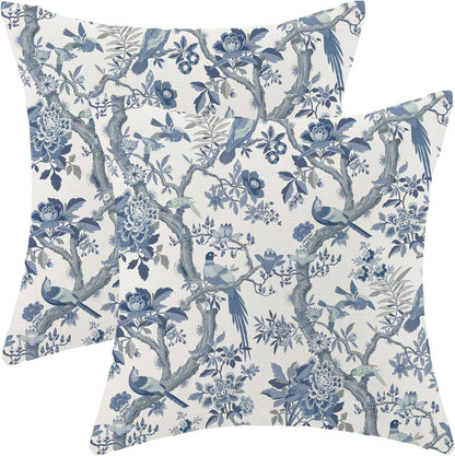 CXMEIFLY Spring Pillow Covers 18 x 18 Inch Set of 2 for Navy Blue Chinoiserie Flowers Bird Decor